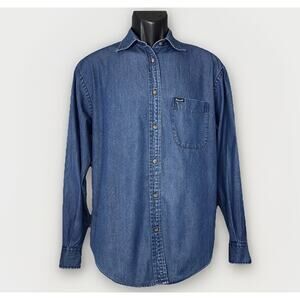 Faconnable Mens Small Light Blue Denim Button Down Long Sleeve Shirt Logo Collar